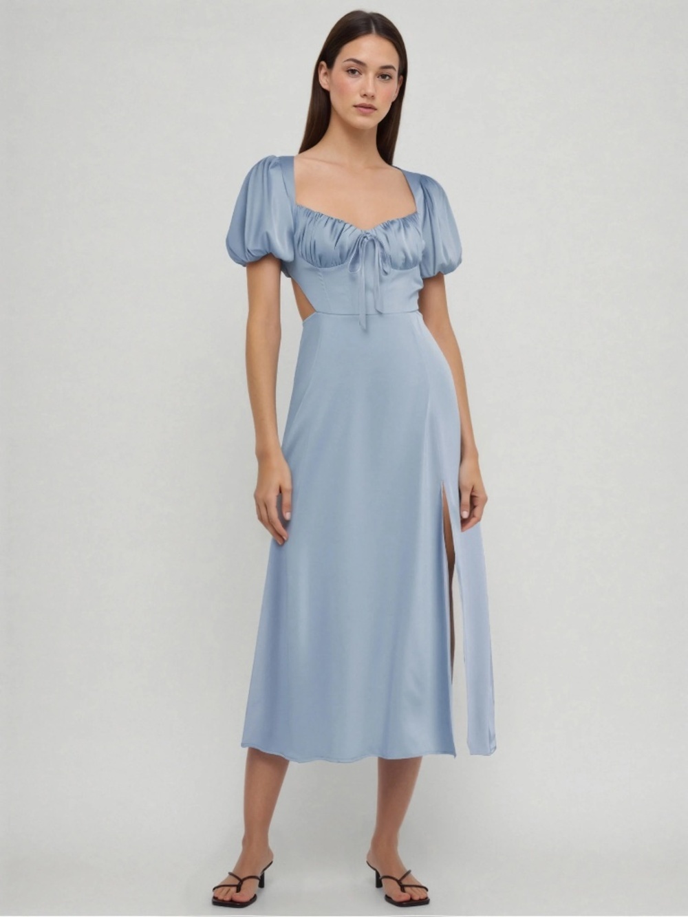 Cider Satin Knotted Puff Sleeve Split Midi Dress Sky Blue Size XS